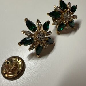 Vintage Gold tone flower earrings with green and clear stones